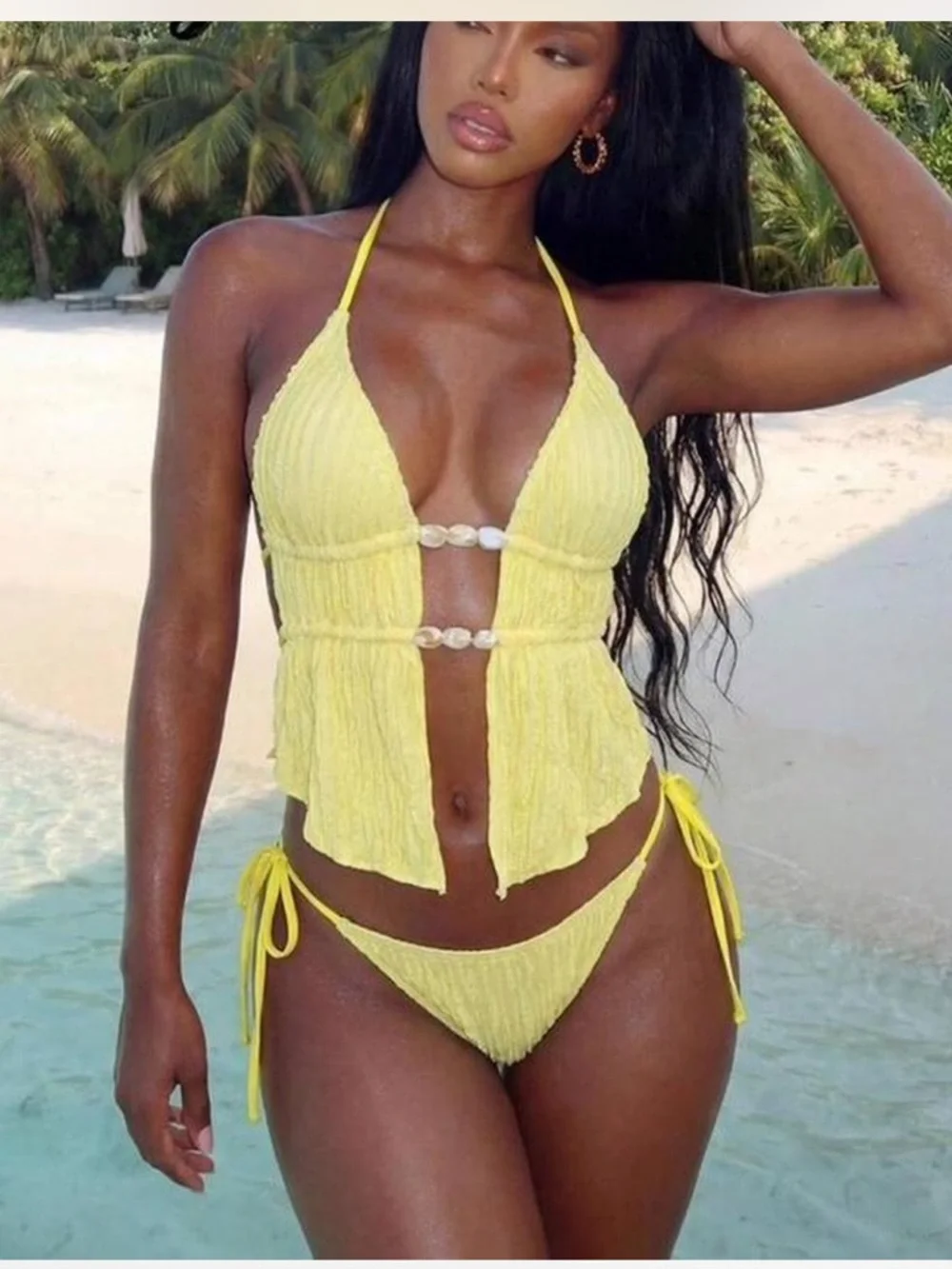 Yellow Ribbed Two-Piece Bikini Set - Picture 2 of 10